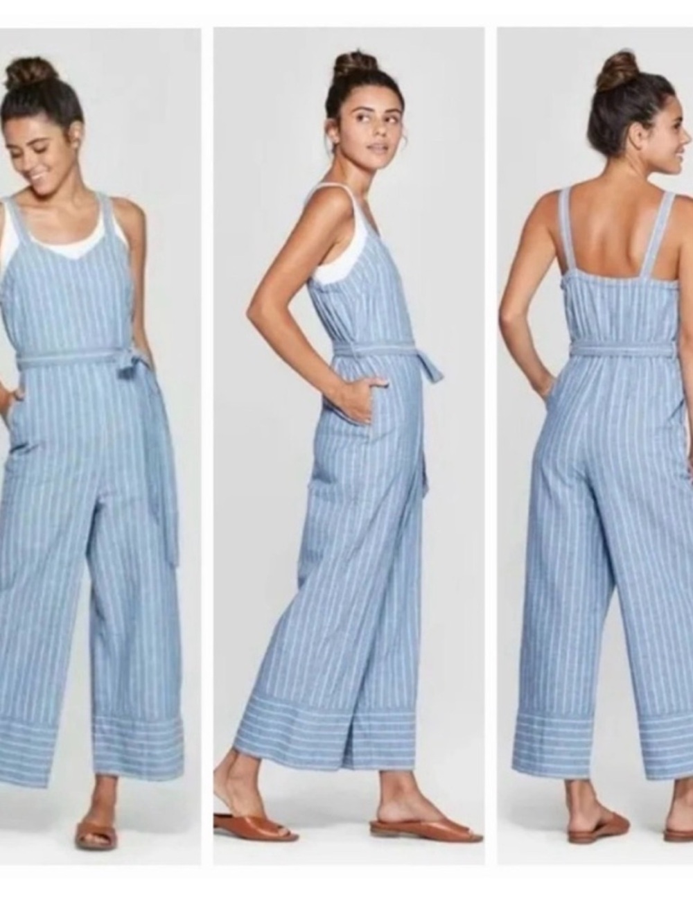 Universal Thread Blue & White Striped Tie-Waist Linen-Blend Jumpsuit